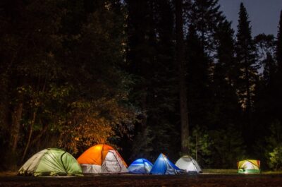 Row of lit camping tents in forest