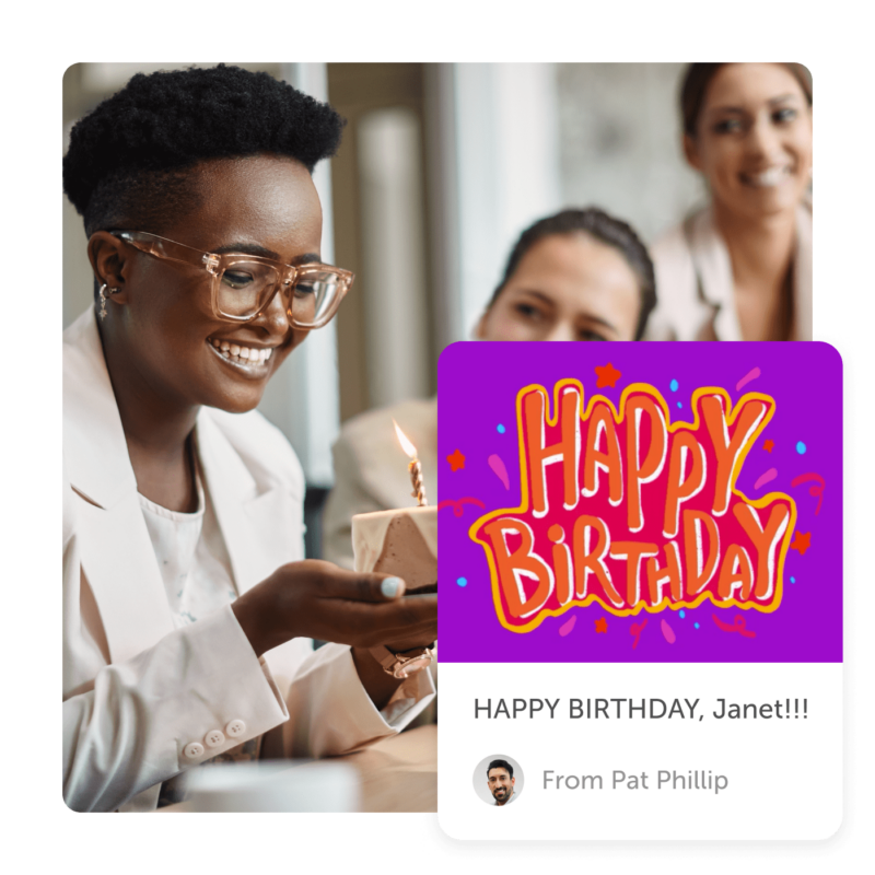 Woman smiling holding cake and 