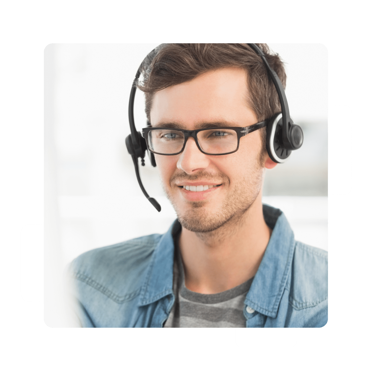 Customer support agent wearing headset