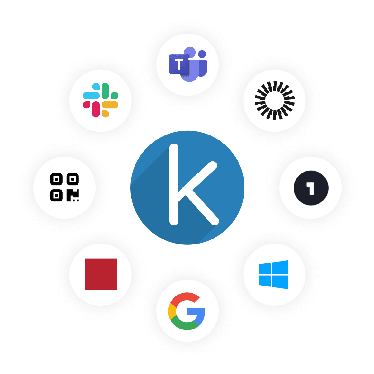 Kudoboard branding with icons of various integration like Slack and Teams