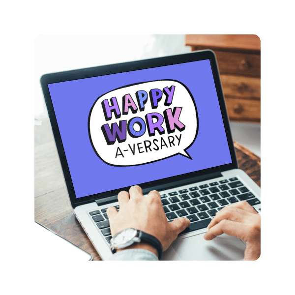 Laptop displaying work anniversary Kudoboard